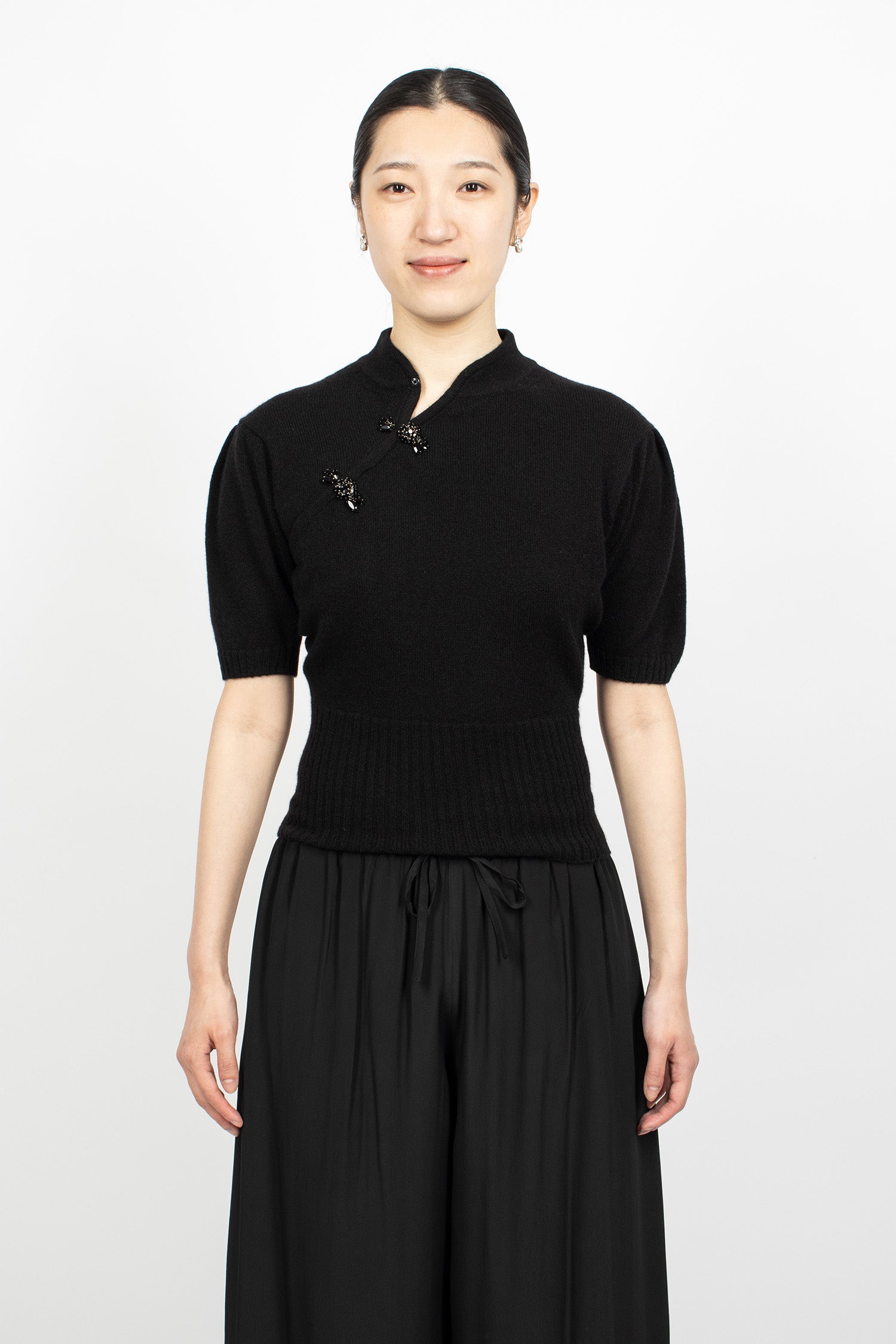 Embellished Mandarin Collar Cashmere Jumper Black/Jet