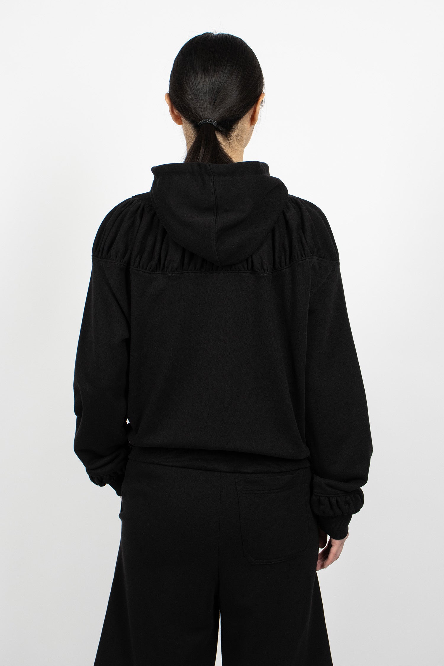 Jersey Ruffled Hoodie Jacket Black