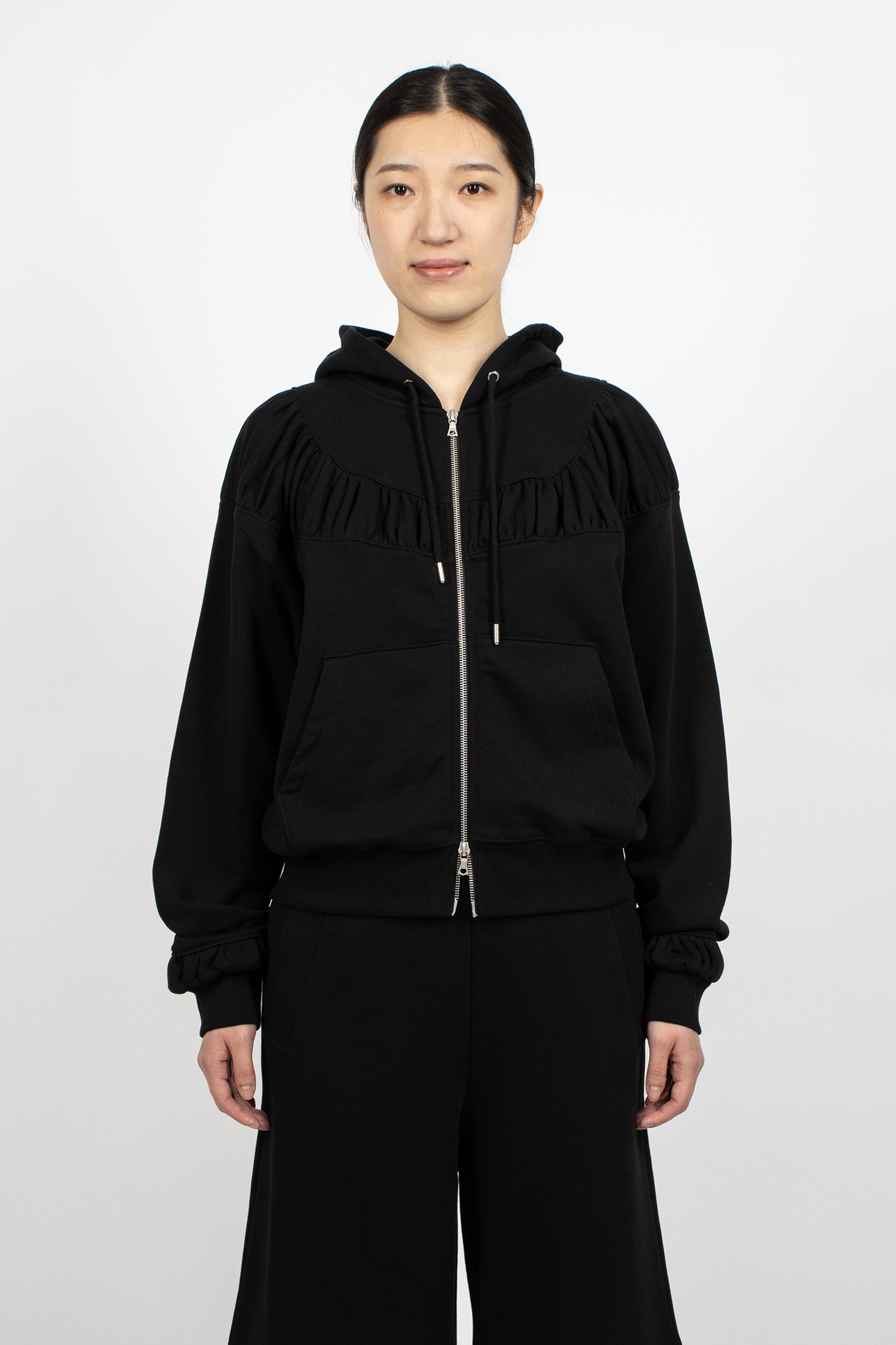 Jersey Ruffled Hoodie Jacket Black