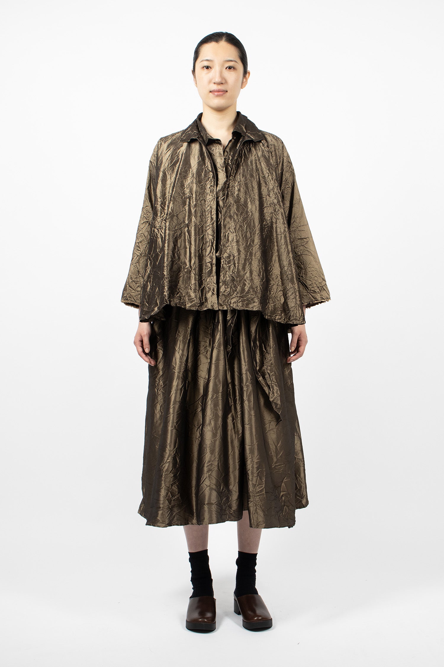 Notched Collar Taffeta Silk Jacket Bronze