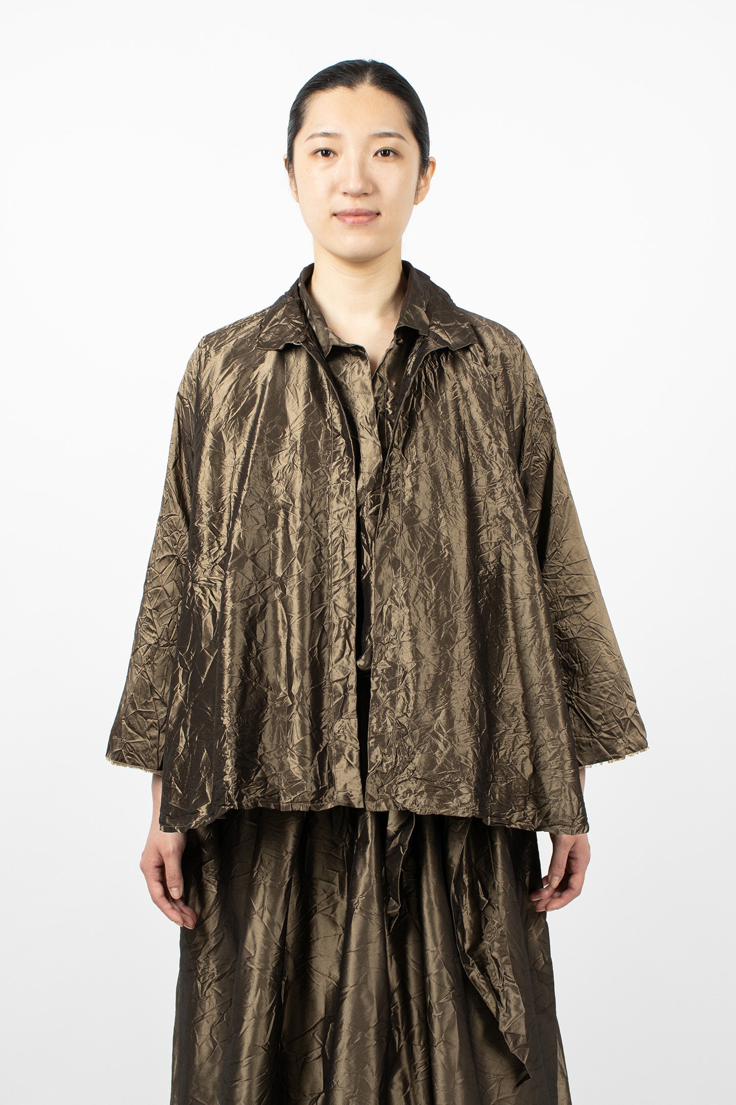Notched Collar Taffeta Silk Jacket Bronze