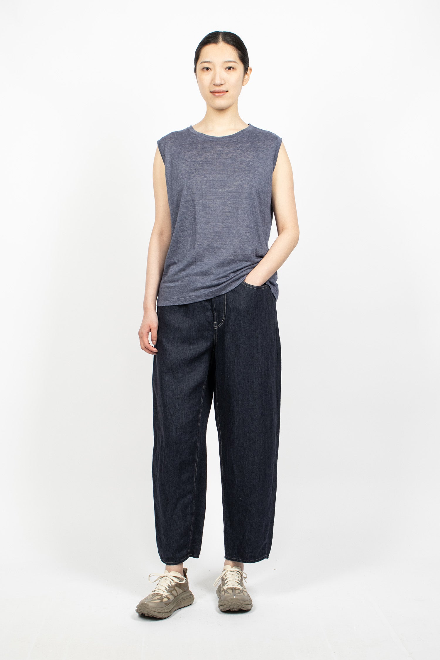 Linen Denim Tapered Pants Navy