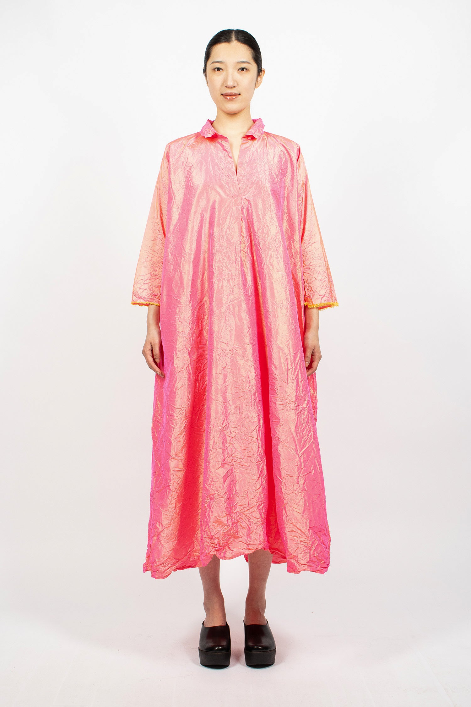 Notched Collar Taffeta Silk Dress Fuchsia/Saffron