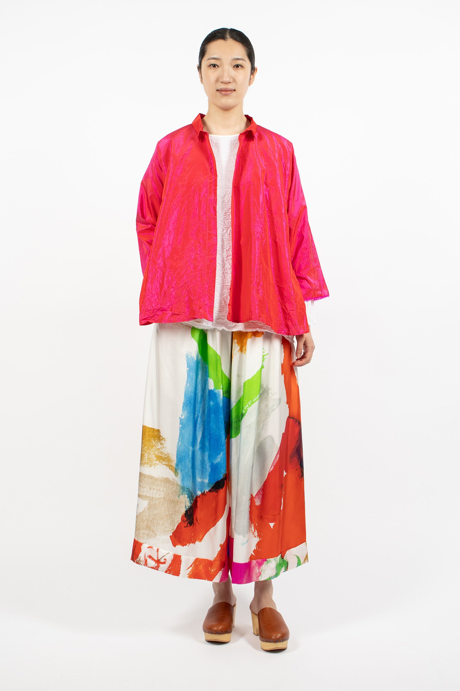 Notched Collar Taffeta Silk Jacket Fuchsia Red