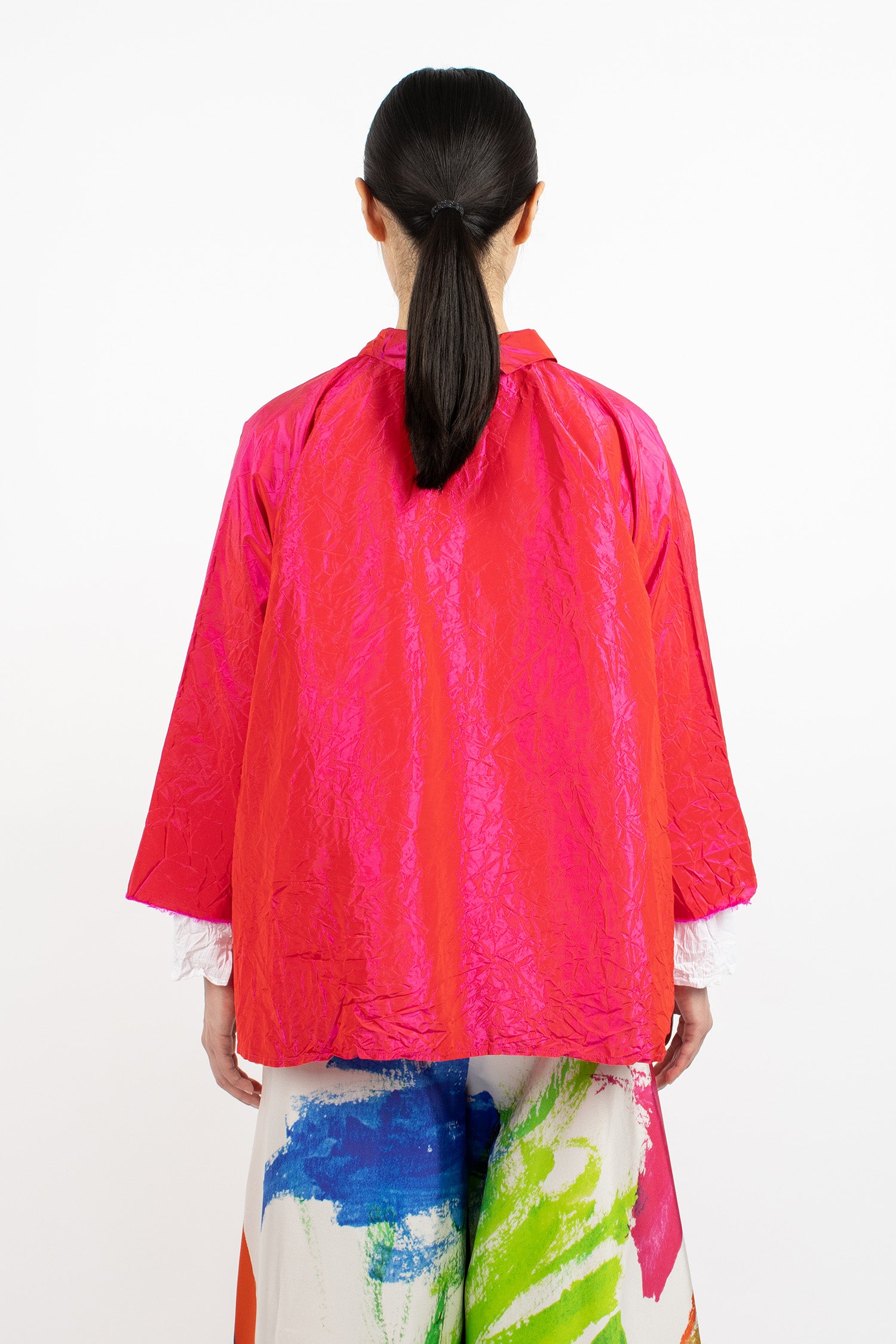 Notched Collar Taffeta Silk Jacket Fuchsia Red