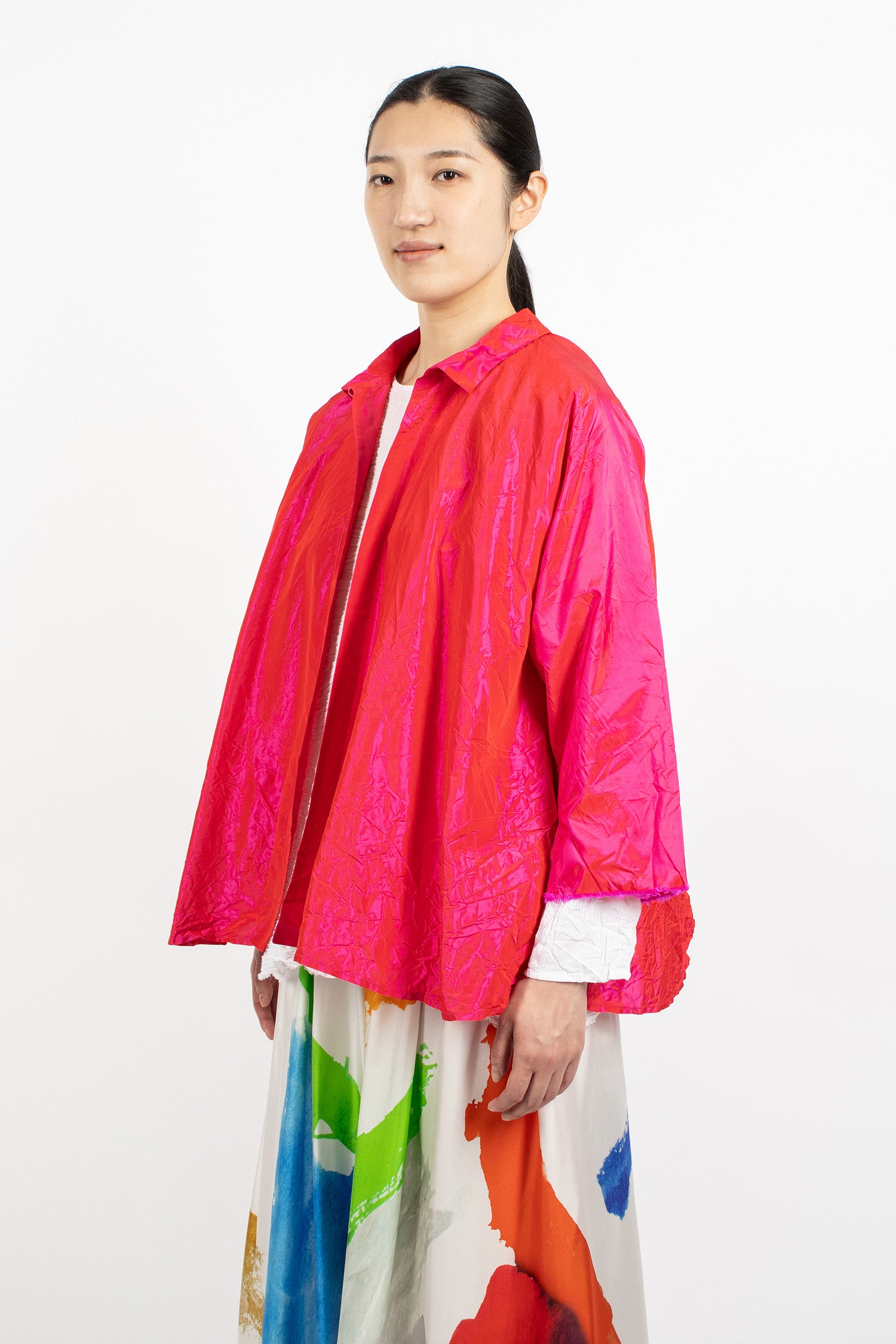 Notched Collar Taffeta Silk Jacket Fuchsia Red