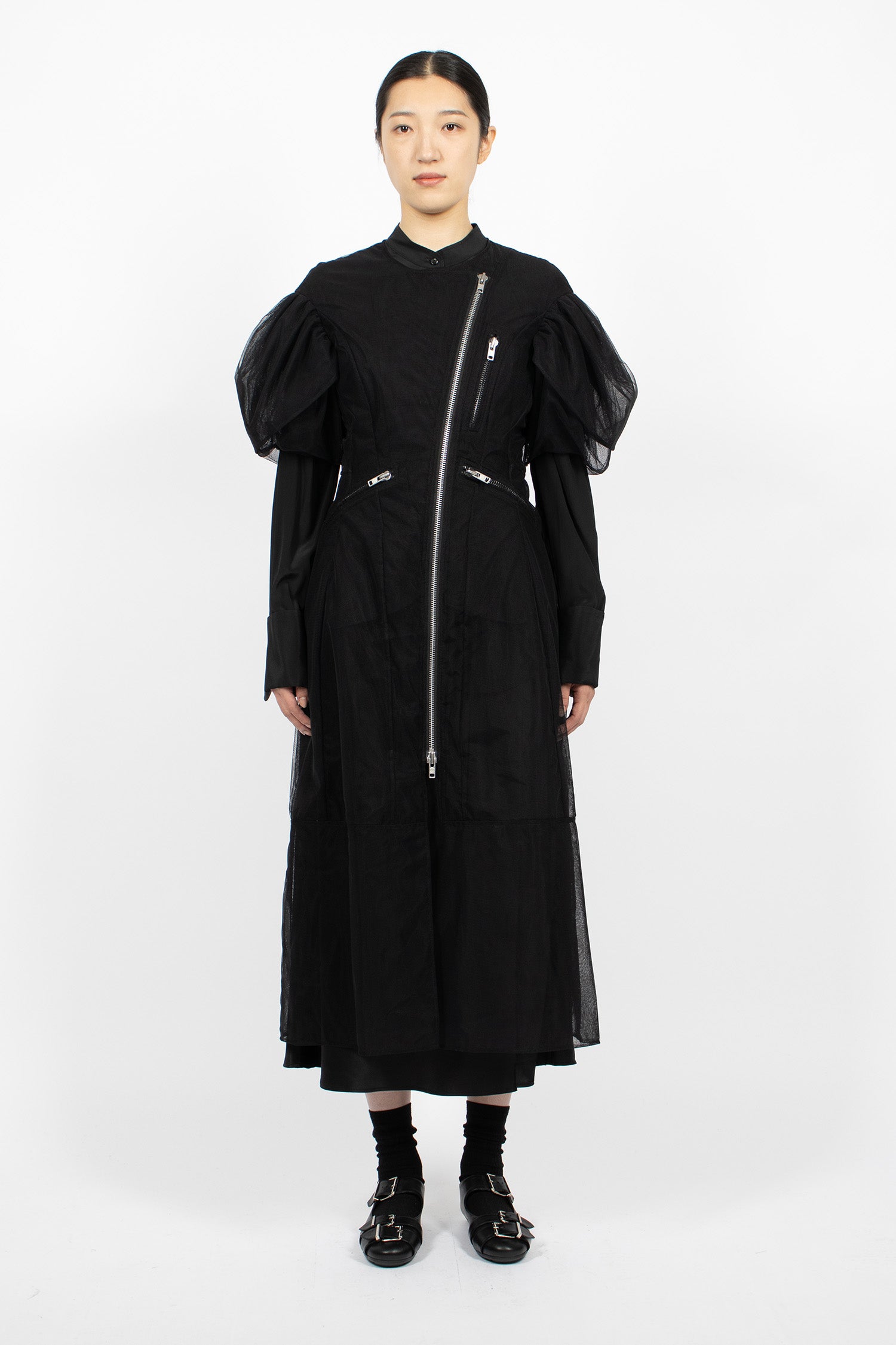 Sheer Sculpted Petal Sleeve Biker Dress Black
