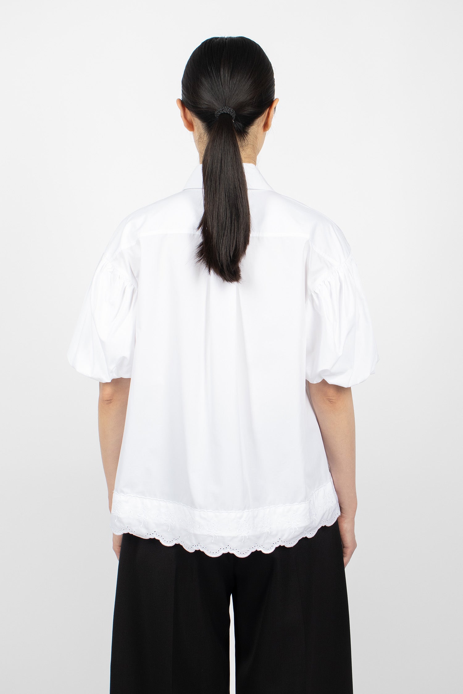 Cropped Puff Sleeve Lace Trim Shirt White
