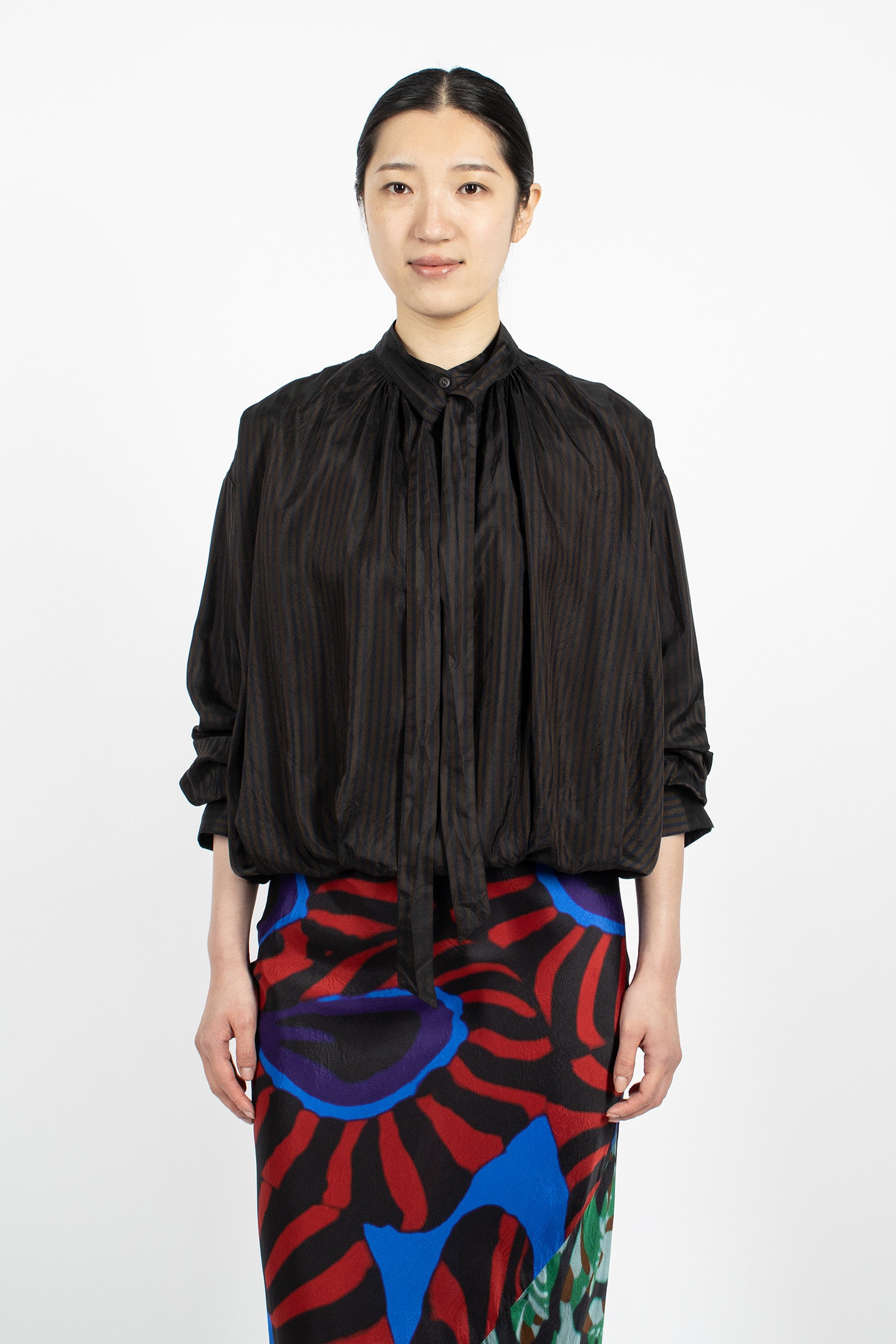 Draped Stripe Blouse Dark Brown