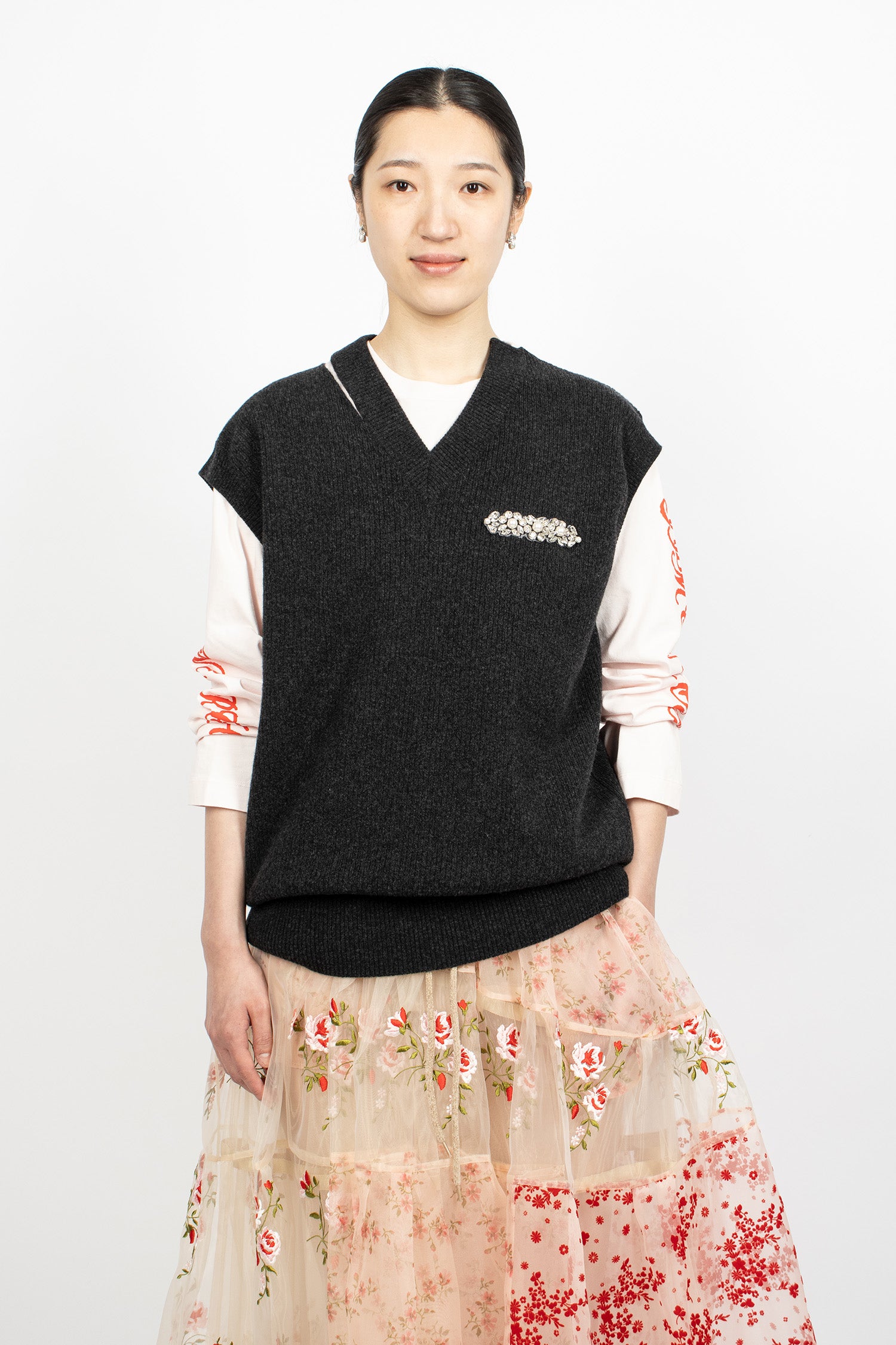 Embellished Merino Seam Bite Vest Charcoal/Pearl/Clear