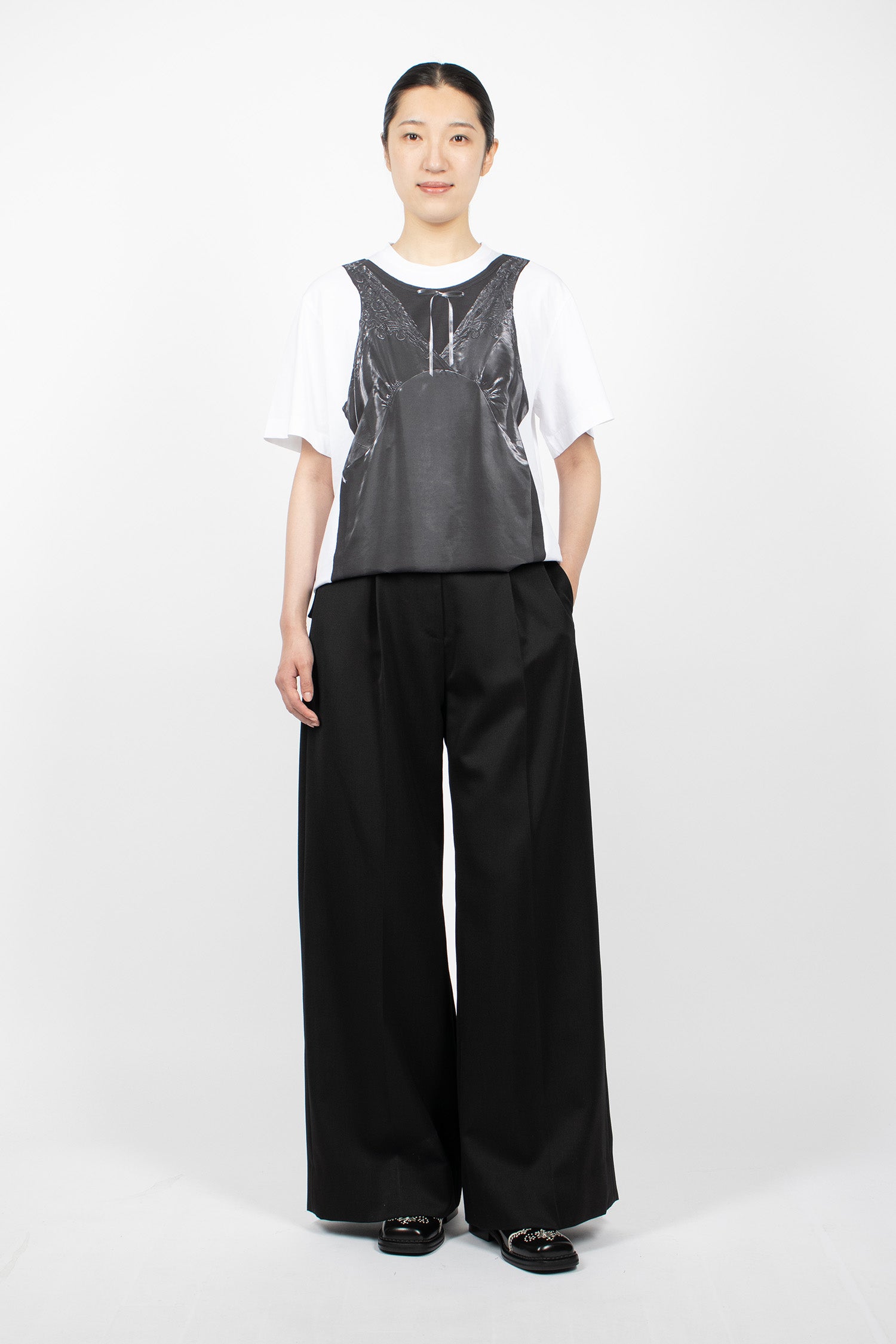 Patchwork Satin Trompe L'Oeil Print T-Shirt White/Black
