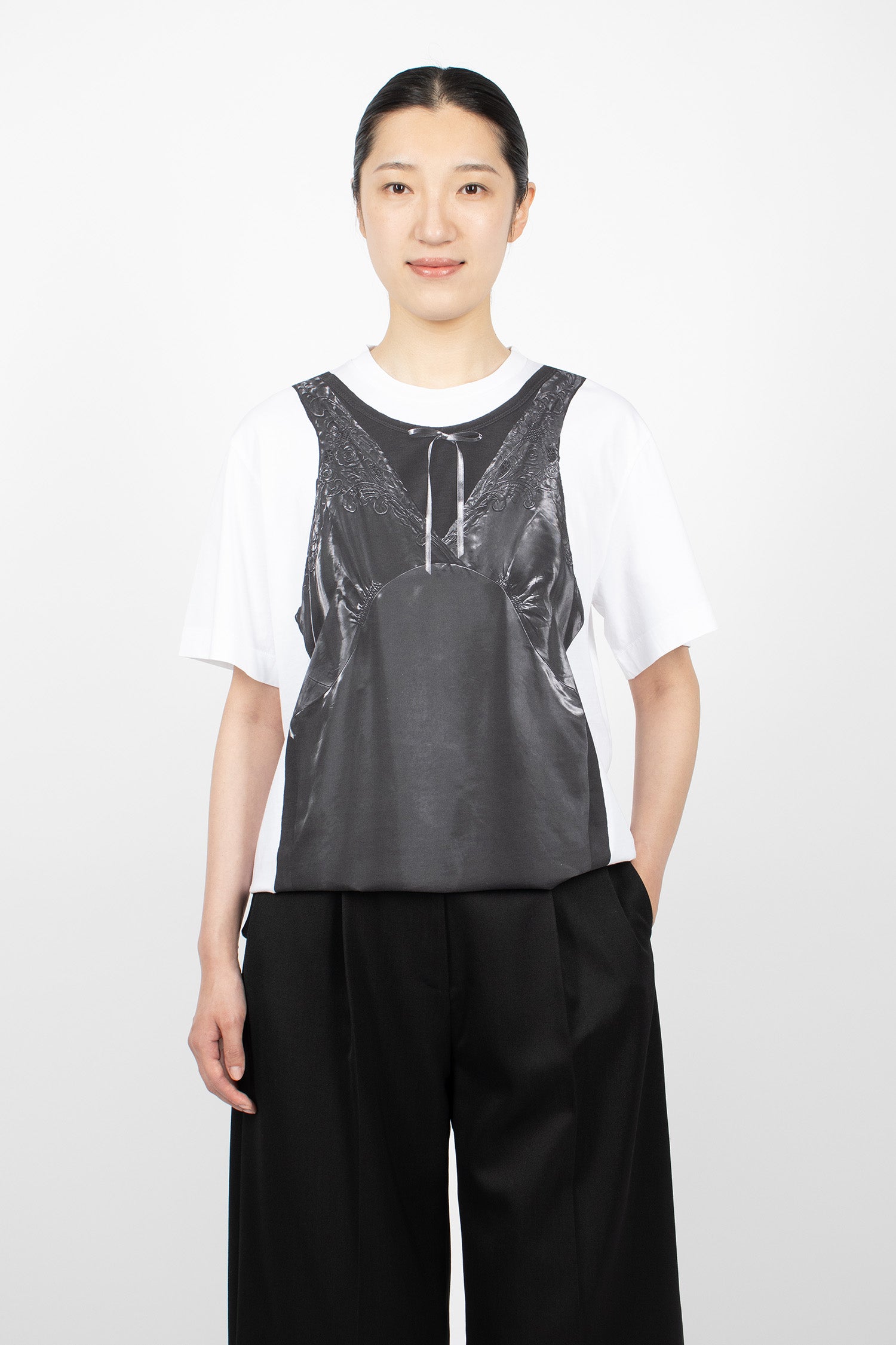 Patchwork Satin Trompe L'Oeil Print T-Shirt White/Black