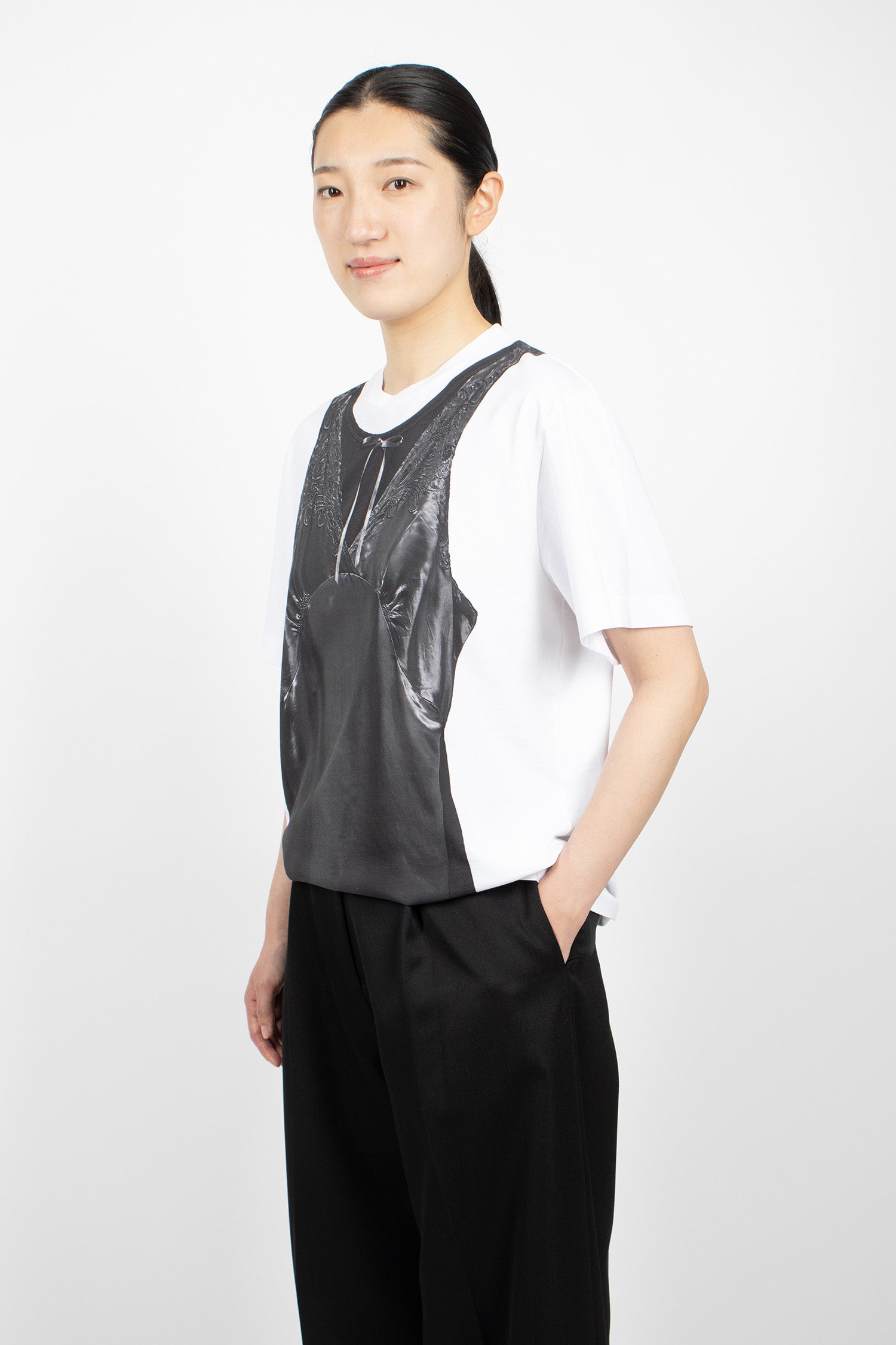 Patchwork Satin Trompe L'Oeil Print T-Shirt White/Black