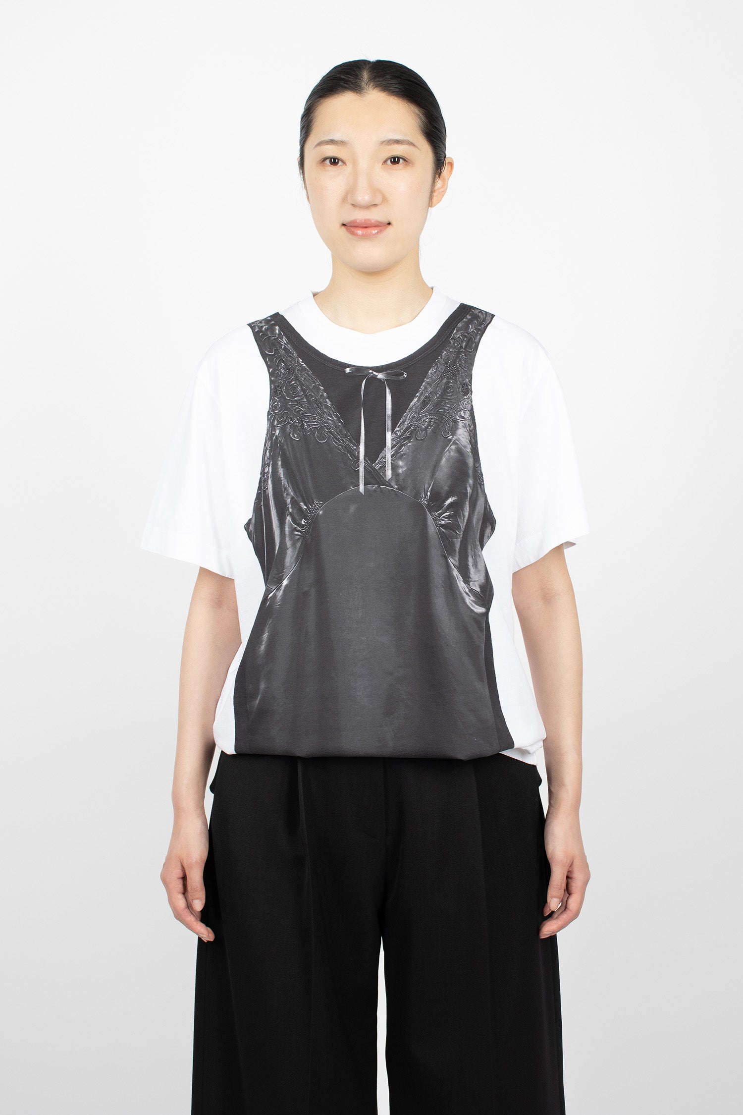 Patchwork Satin Trompe L'Oeil Print T-Shirt White/Black