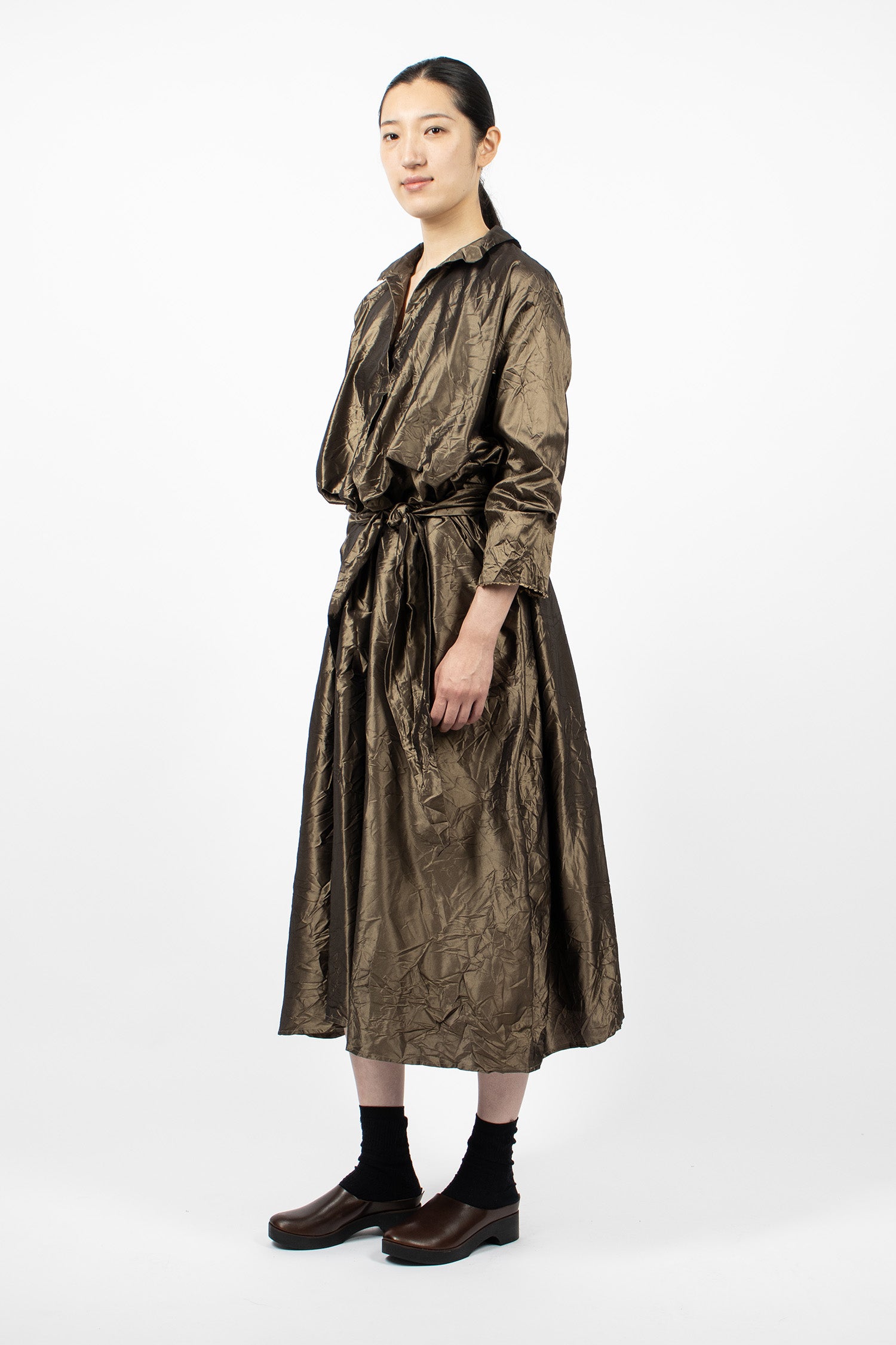 Notched Collar Taffeta Silk Dress Bronze