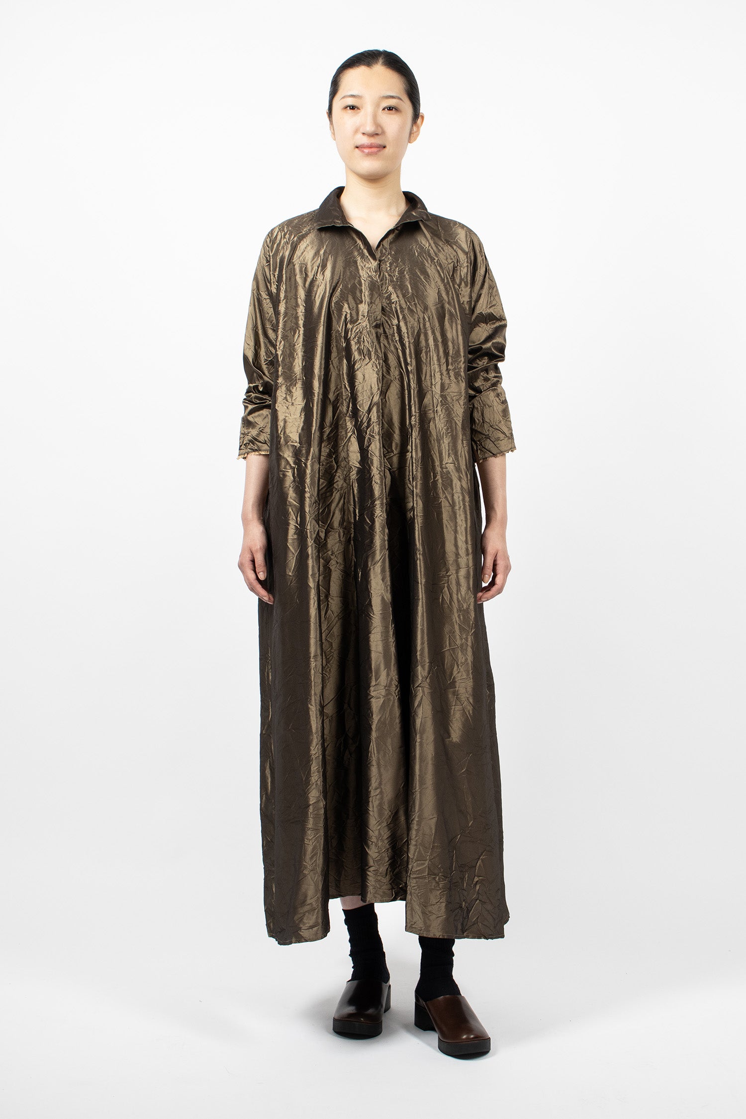 Notched Collar Taffeta Silk Dress Bronze