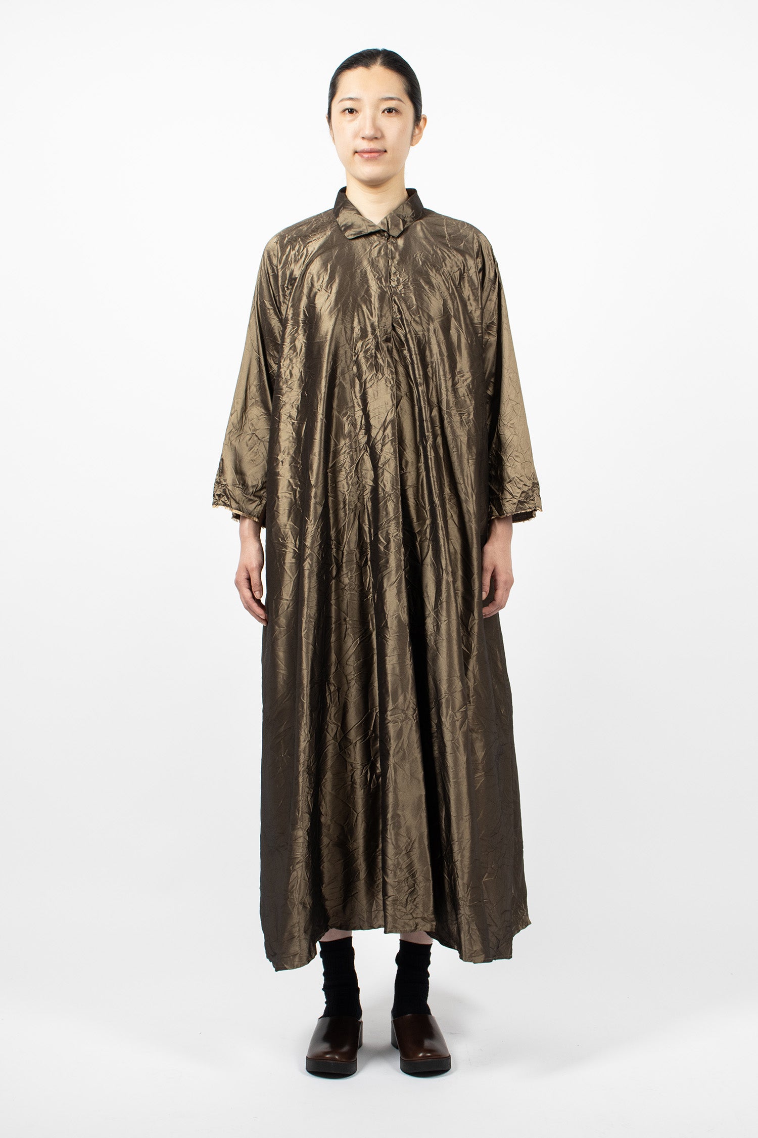 Notched Collar Taffeta Silk Dress Bronze