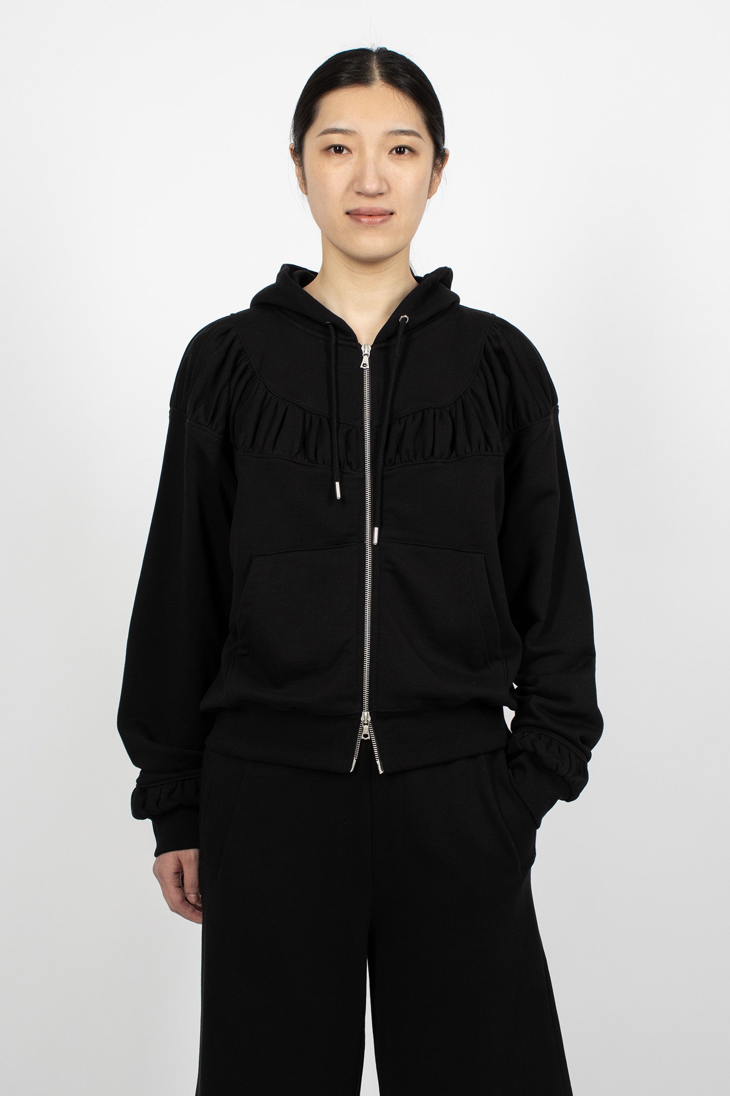 Jersey Ruffled Hoodie Jacket Black