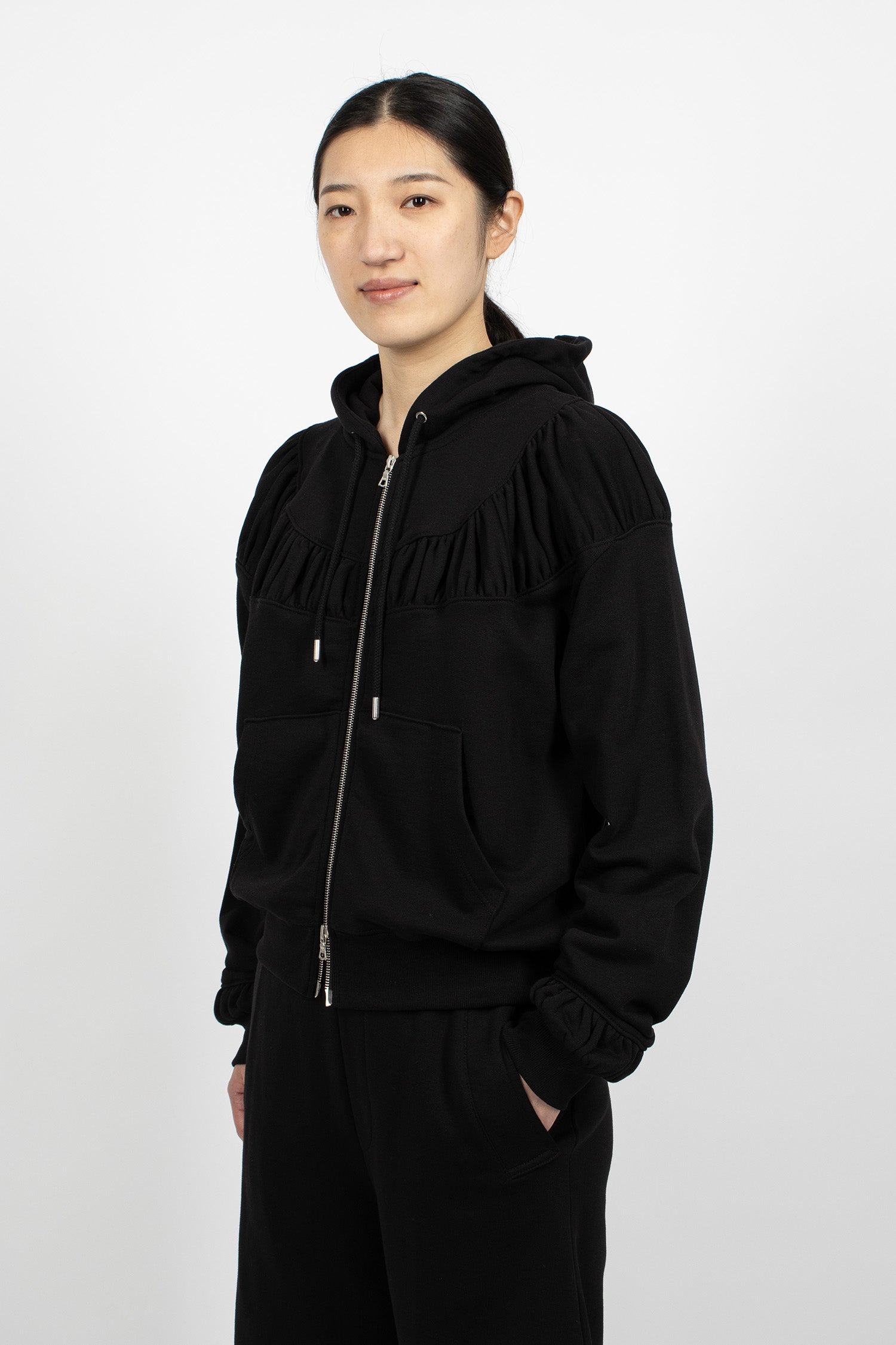Jersey Ruffled Hoodie Jacket Black