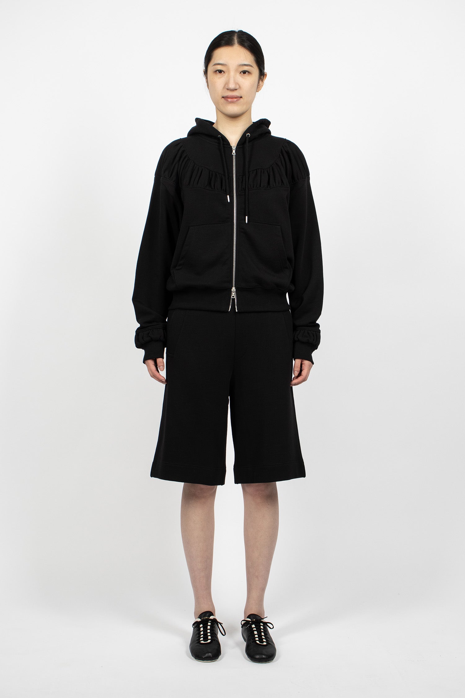 Jersey Ruffled Hoodie Jacket Black