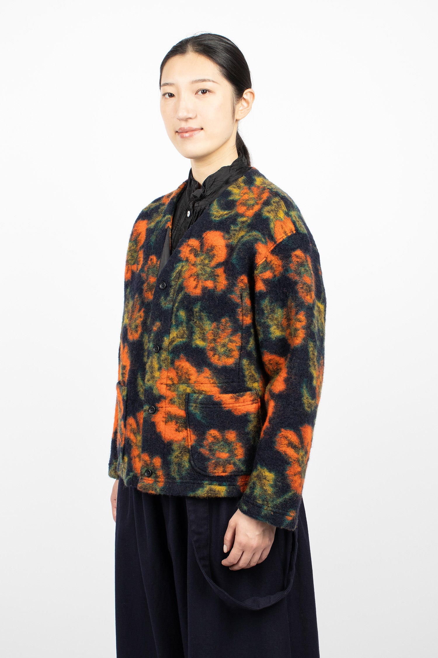 Knit Cardigan Navy/Orange Floral Jacquard