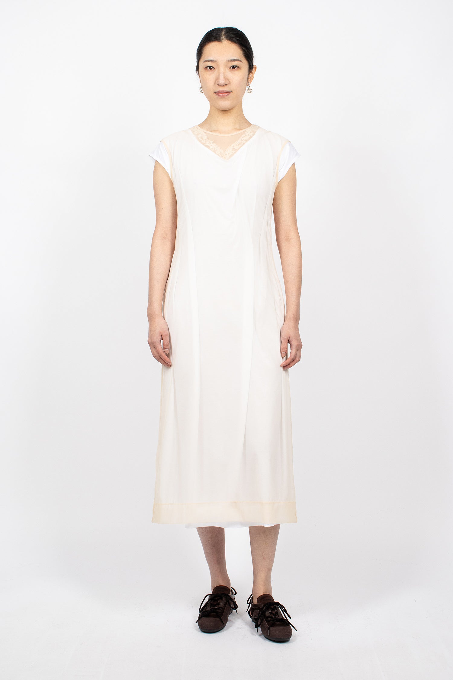Layered Liquid Cap Sleeve Lace Trim Dress White/Nude