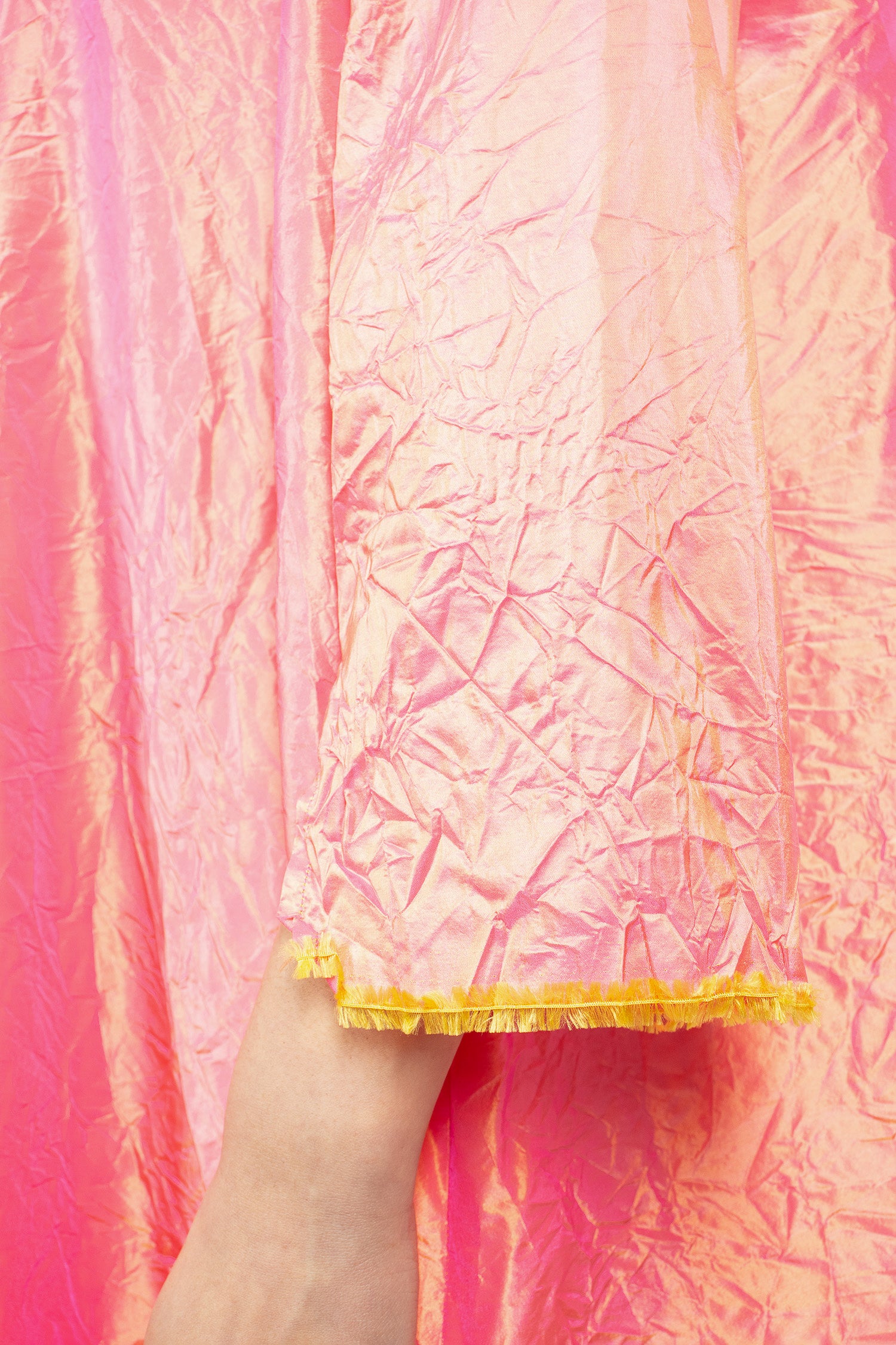 Notched Collar Taffeta Silk Dress Fuchsia/Saffron