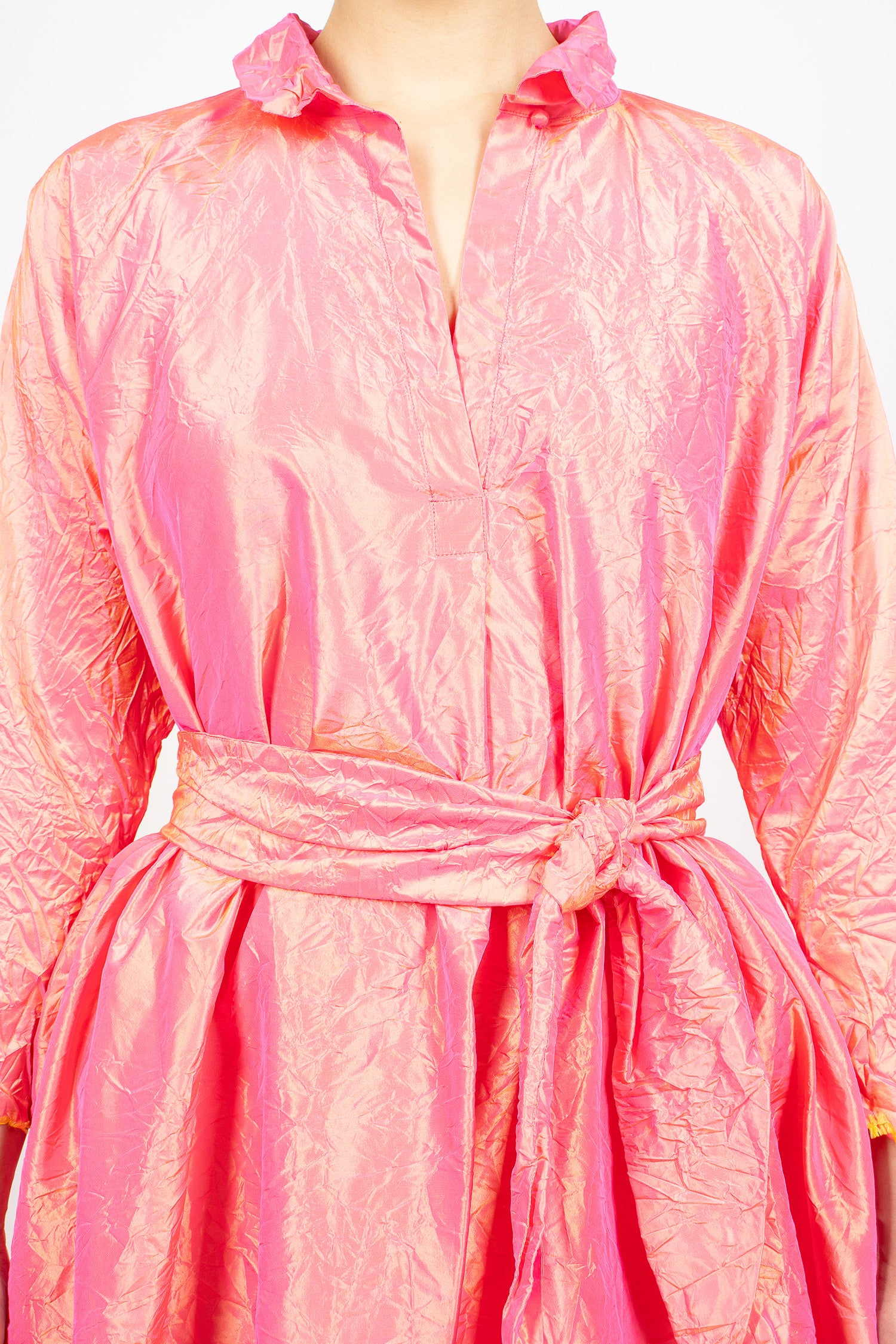 Notched Collar Taffeta Silk Dress Fuchsia/Saffron