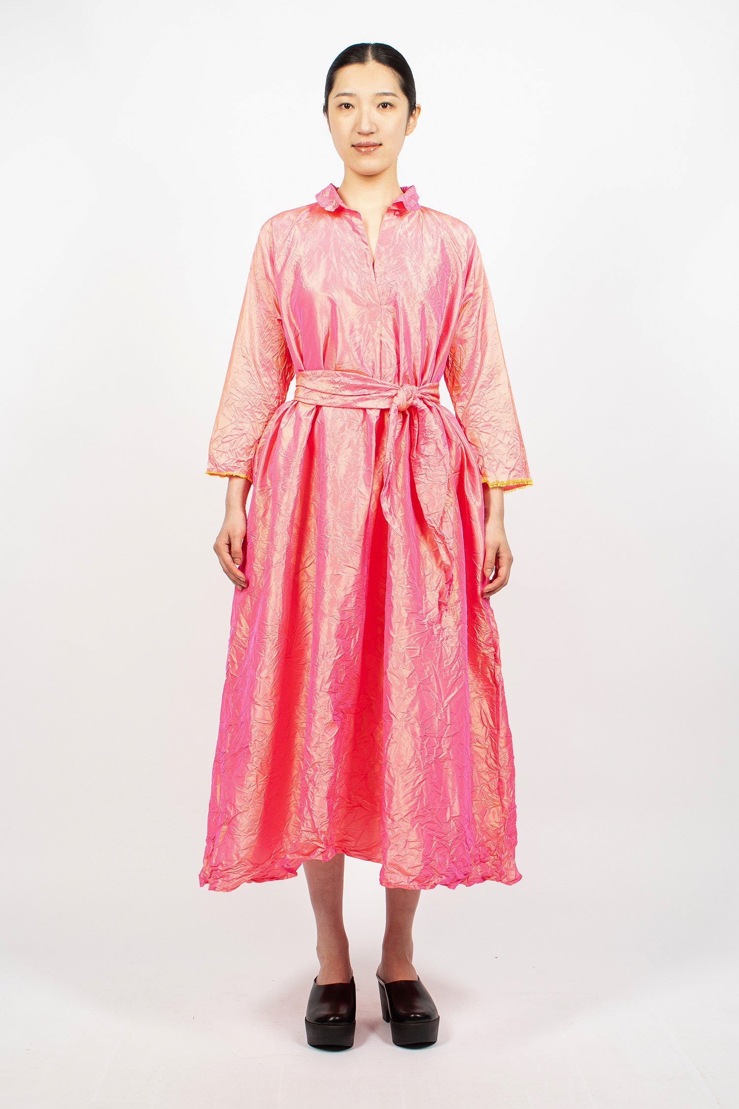 Notched Collar Taffeta Silk Dress Fuchsia/Saffron