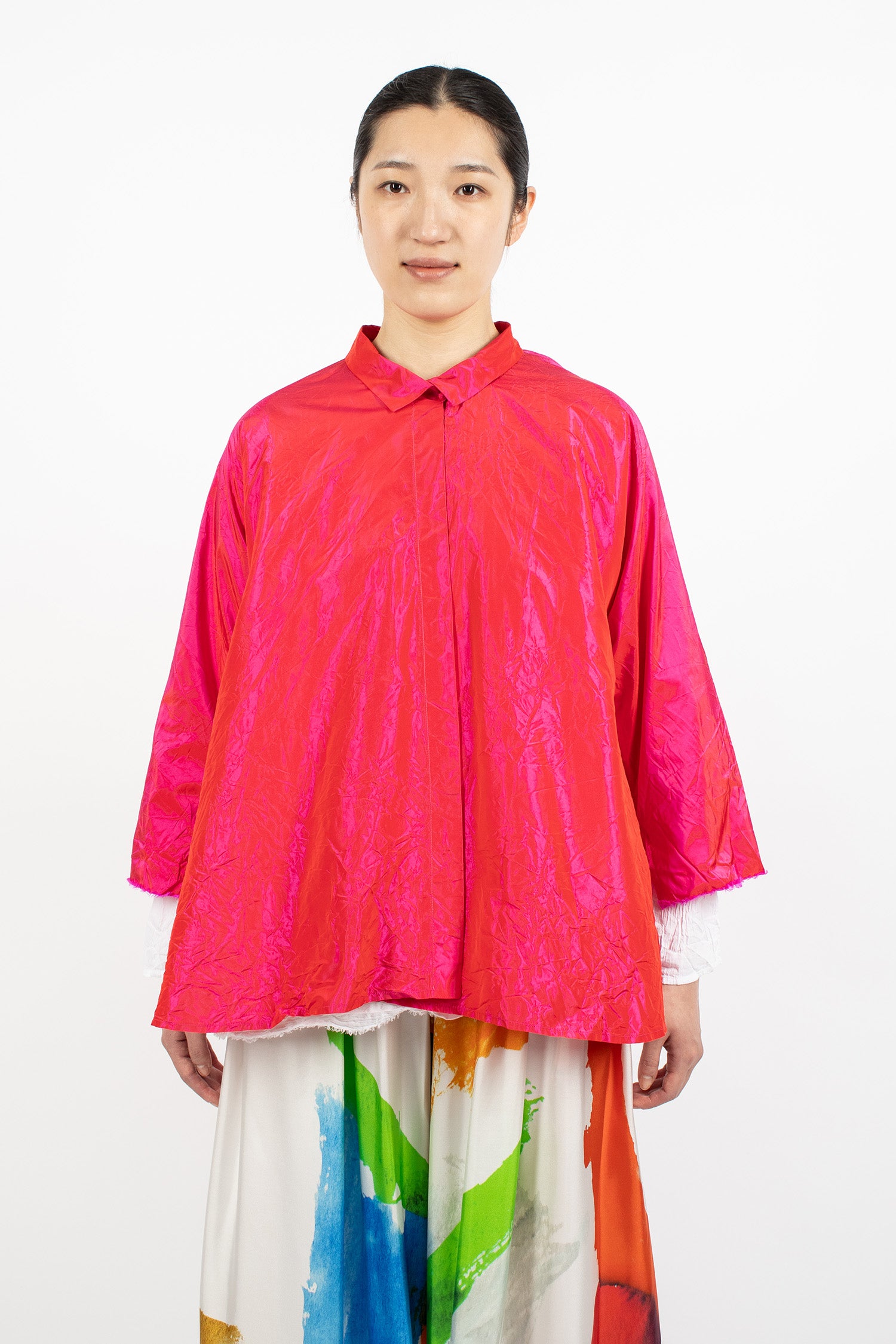 Notched Collar Taffeta Silk Jacket Fuchsia Red