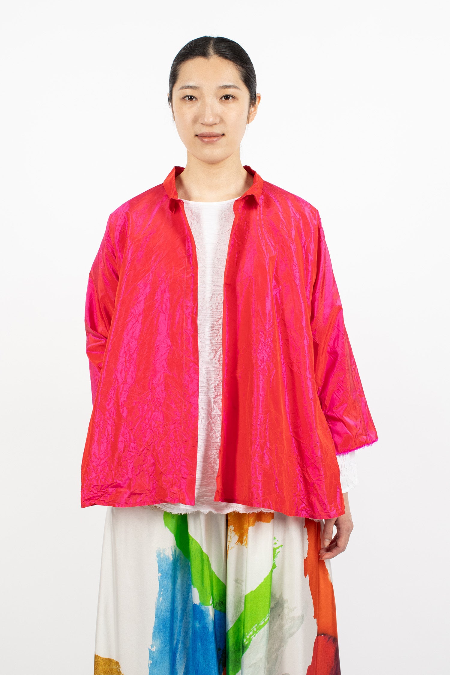 Notched Collar Taffeta Silk Jacket Fuchsia Red
