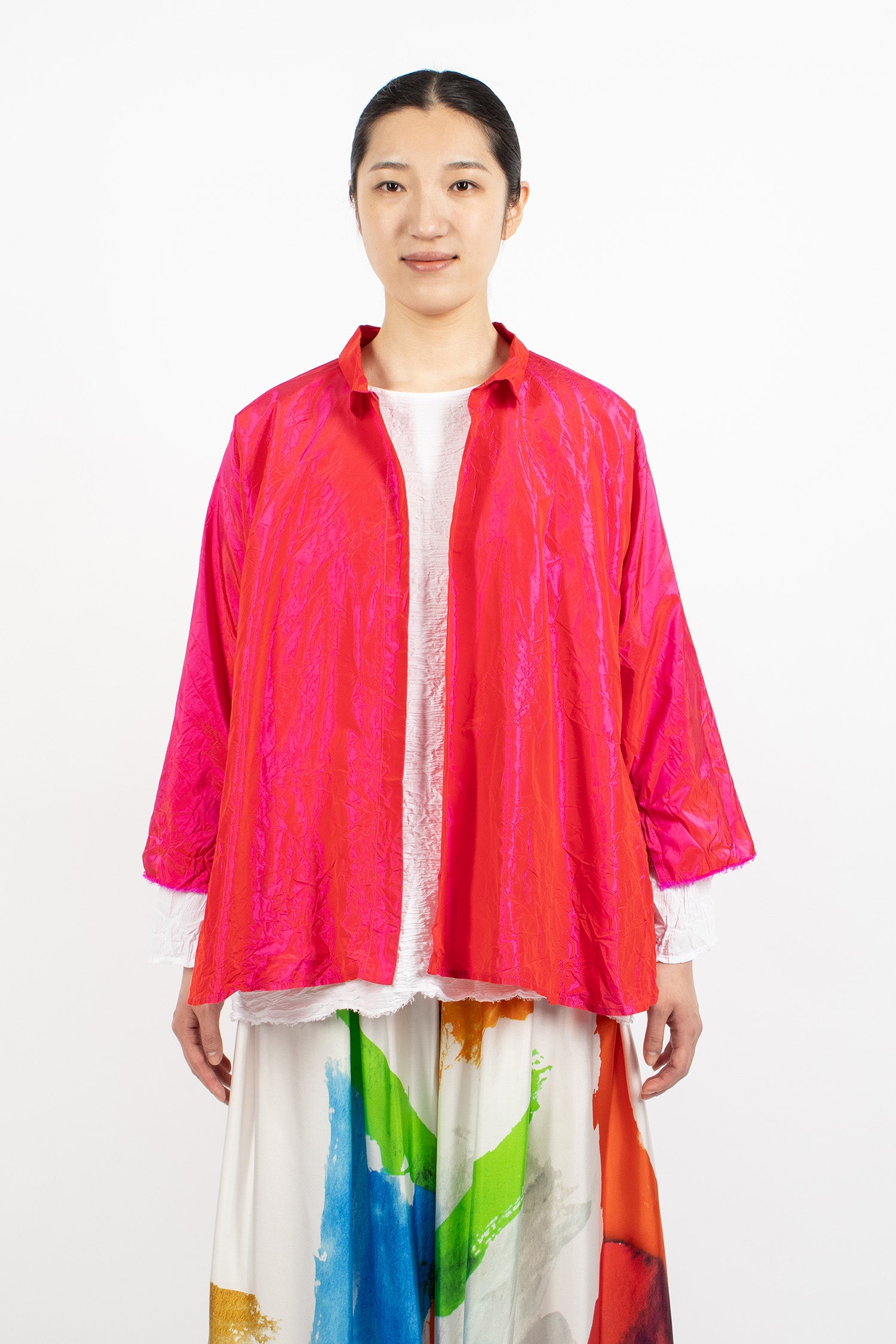 Notched Collar Taffeta Silk Jacket Fuchsia Red