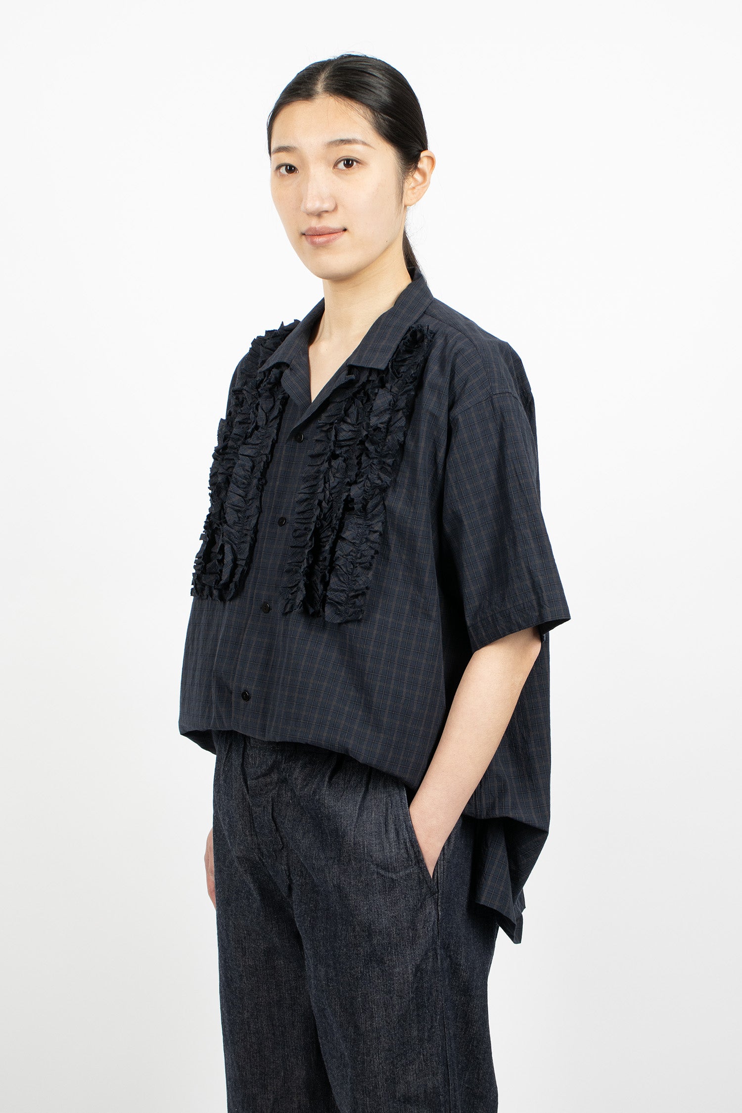 S/S Frill Shirt Navy