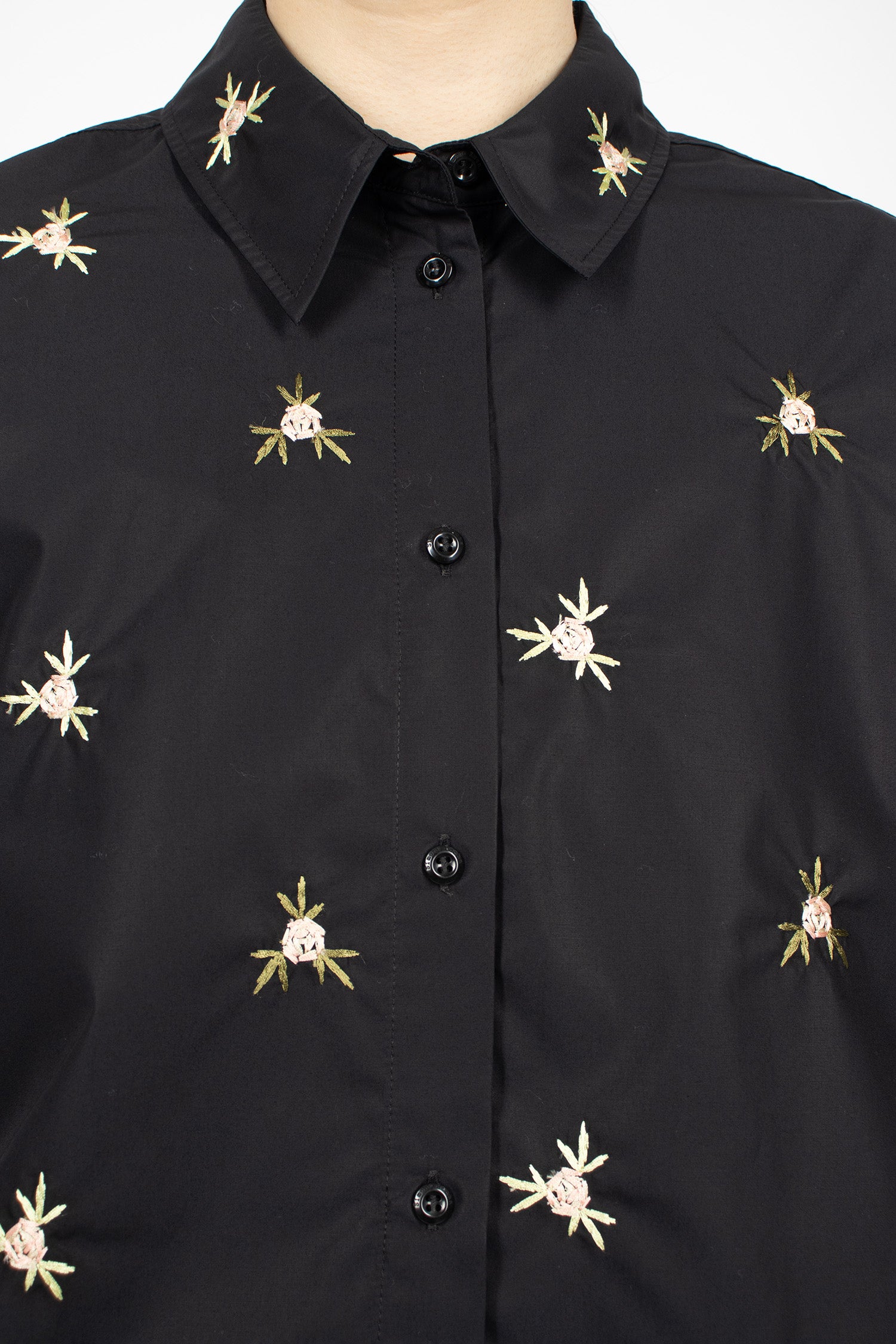 Cropped Rosebud Puff Sleeve Lace Trim Shirt Black