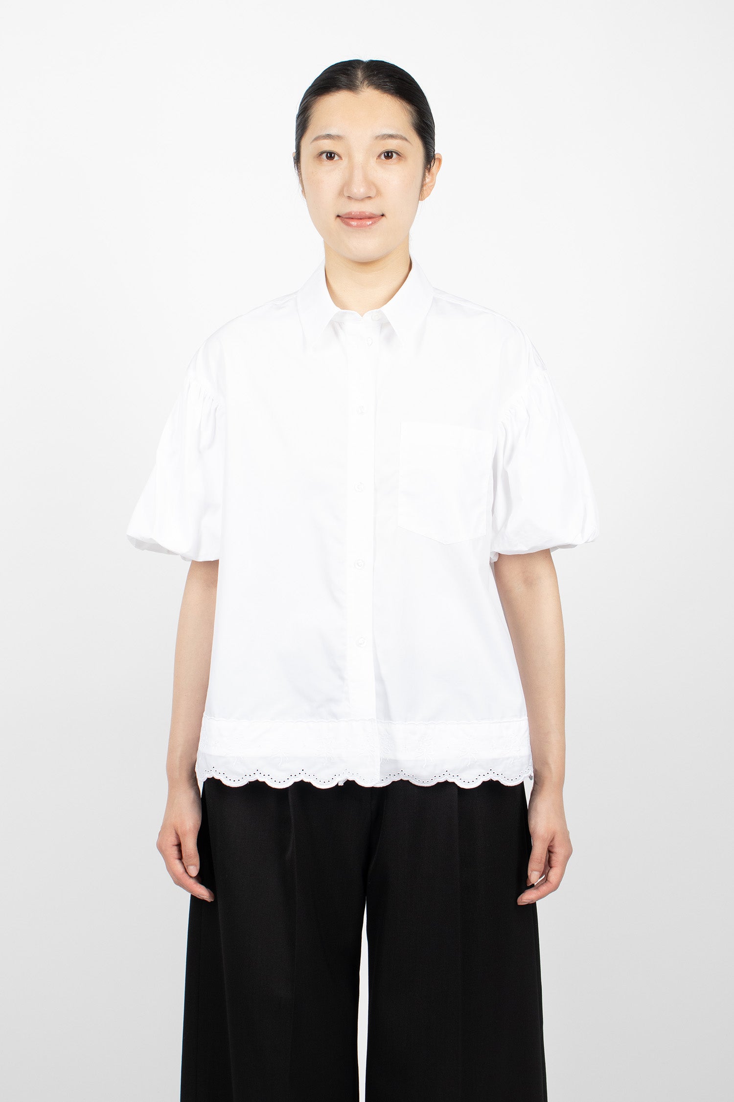 Cropped Puff Sleeve Lace Trim Shirt White