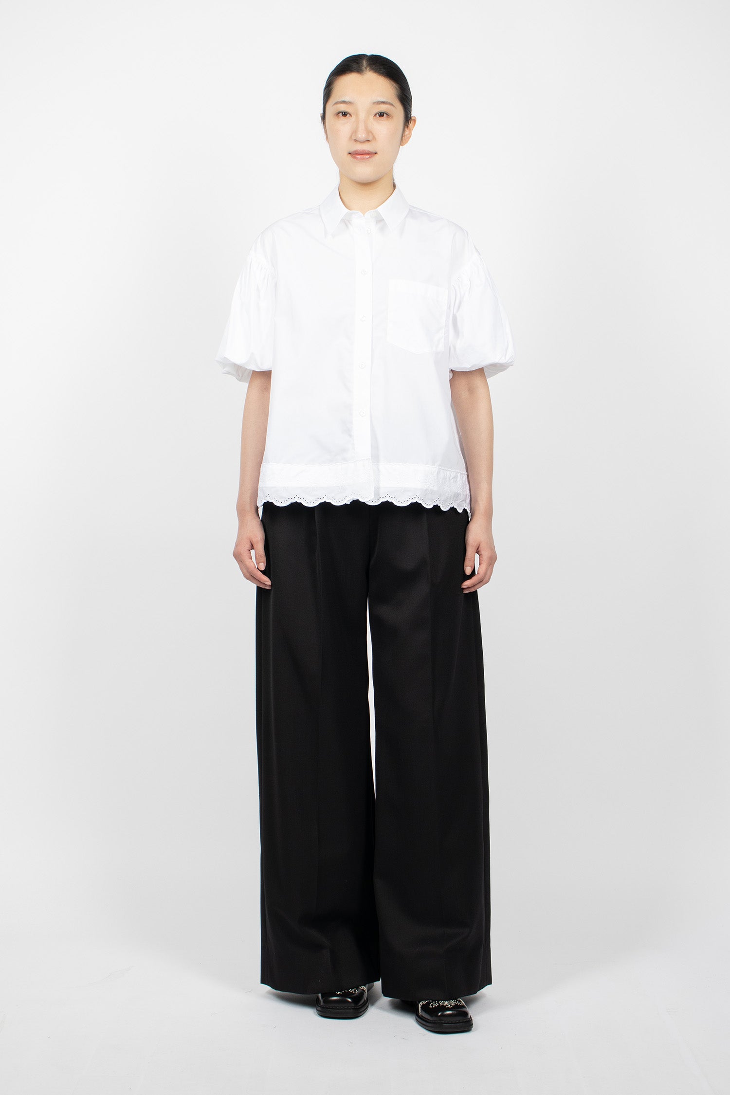 Cropped Puff Sleeve Lace Trim Shirt White