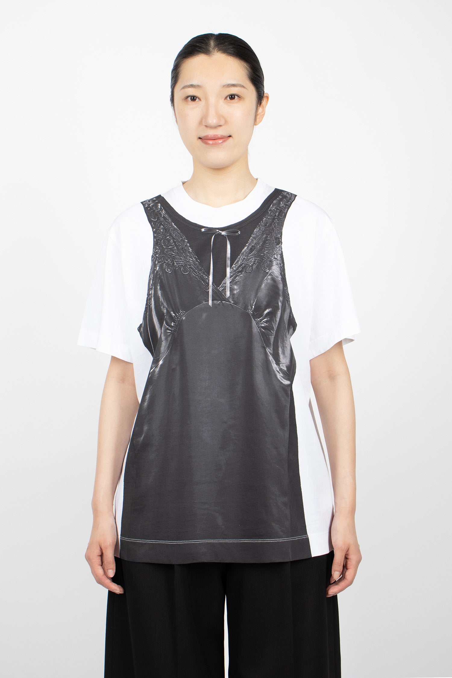 Patchwork Satin Trompe L'Oeil Print T-Shirt White/Black